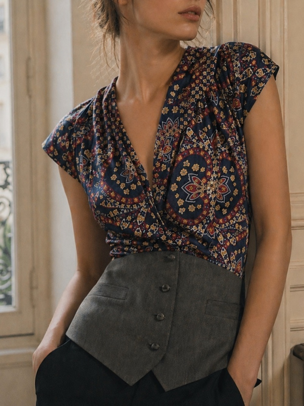 Les Petites Paris “Gilet Blueberry” Silk Printed Blouse (FR 36 / US S)